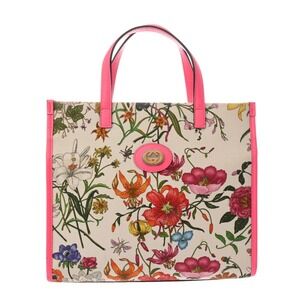 GUCCI Flora Flower Handbag White Vivid Pink Canvas Leather